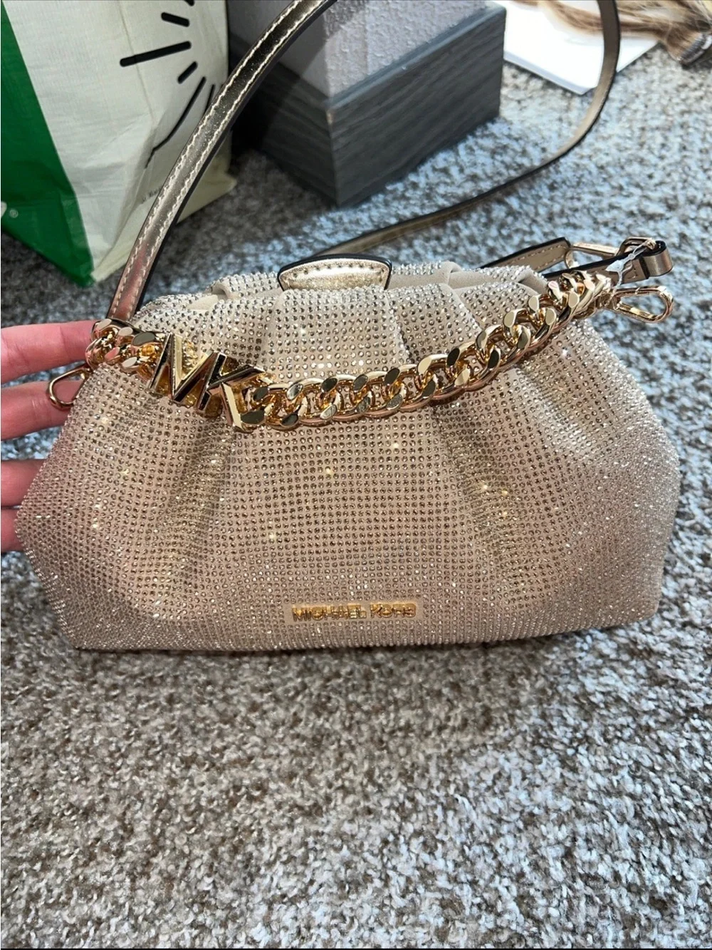 Michael Kors Champagne Crystal Shoulder Bag with Gold Chain